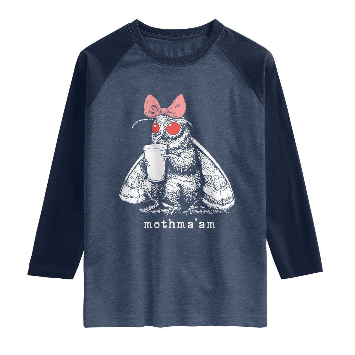 Mothma'am Pink Bow Cryptid Spooky Raglan Shirt Funny Cute Coquette Mothman Legend Graphic TS02 Heather Denim Navy Print Your Wear