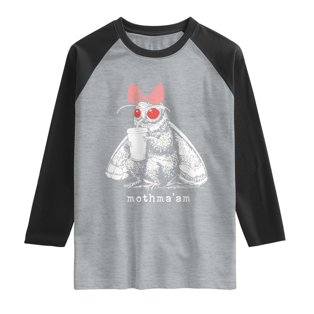 Mothma'am Pink Bow Cryptid Spooky Raglan Shirt Funny Cute Coquette Mothman Legend Graphic TS02 Heather Gray Black Print Your Wear