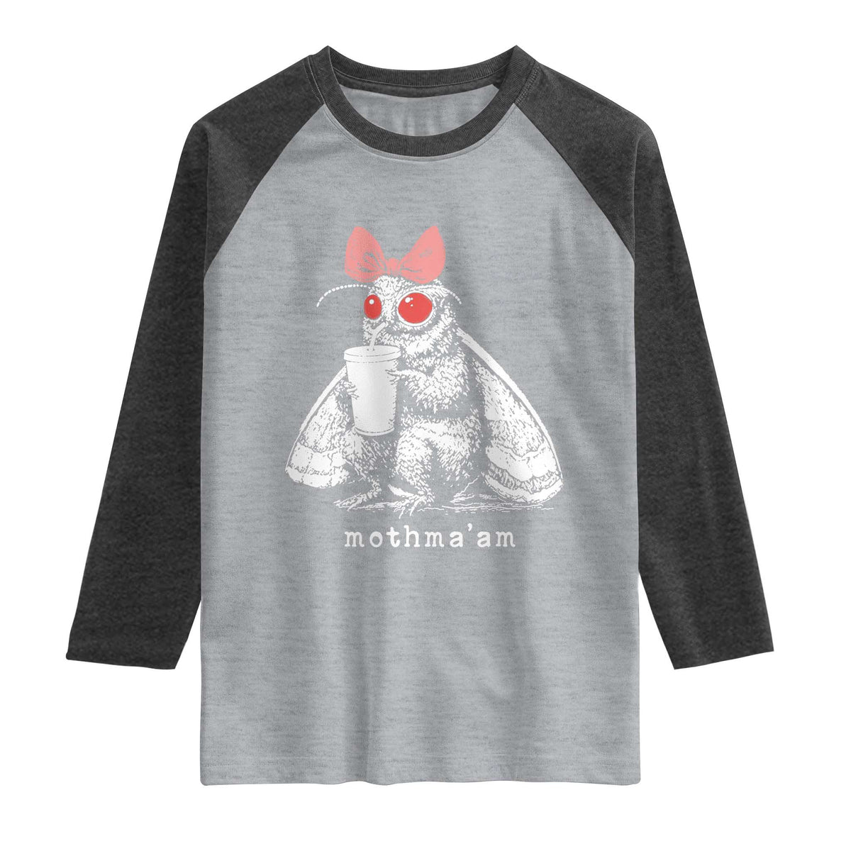 Mothma'am Pink Bow Cryptid Spooky Raglan Shirt Funny Cute Coquette Mothman Legend Graphic TS02 Heather Gray Heather Charcoal Print Your Wear