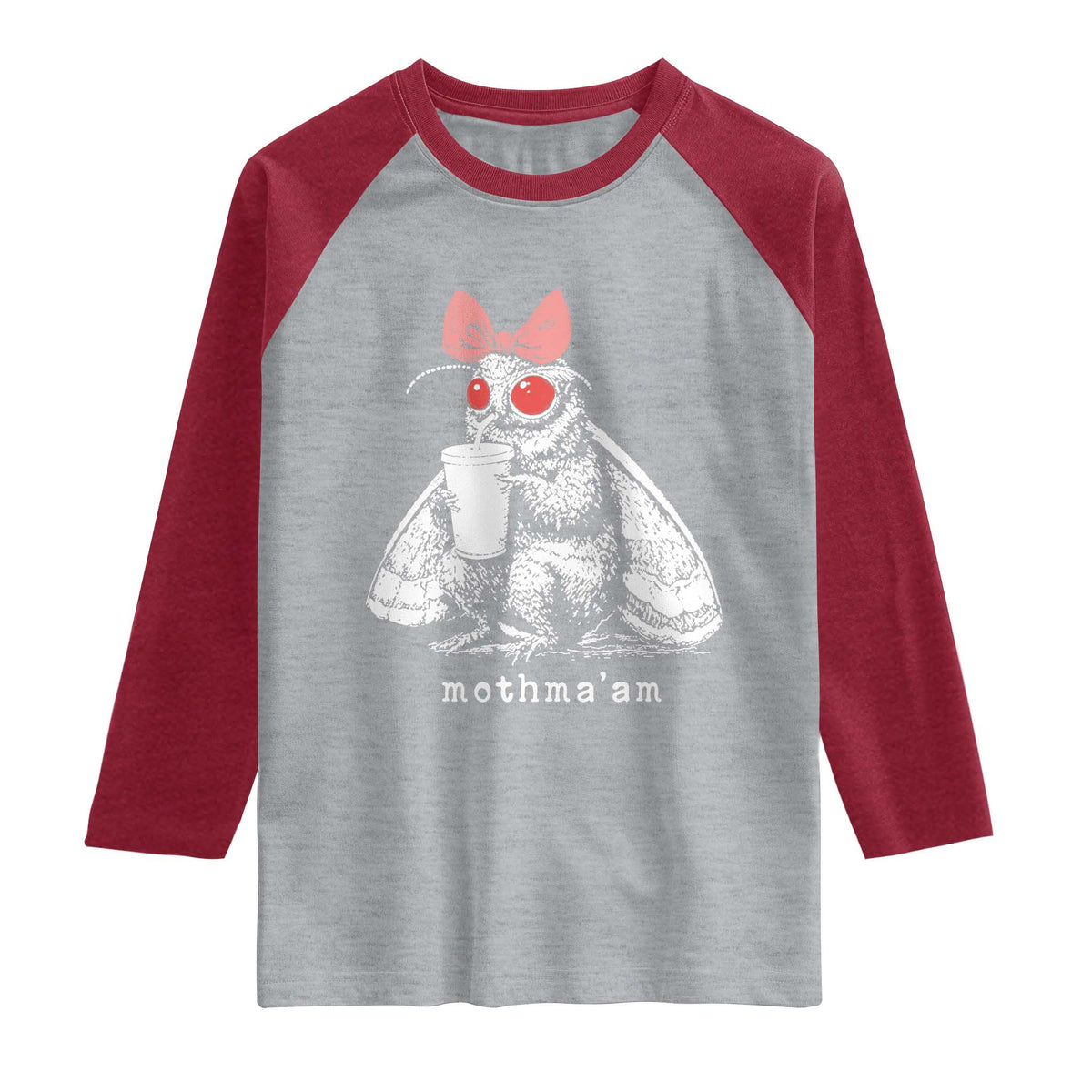 Mothma'am Pink Bow Cryptid Spooky Raglan Shirt Funny Cute Coquette Mothman Legend Graphic TS02 Heather Gray Heather Red Print Your Wear
