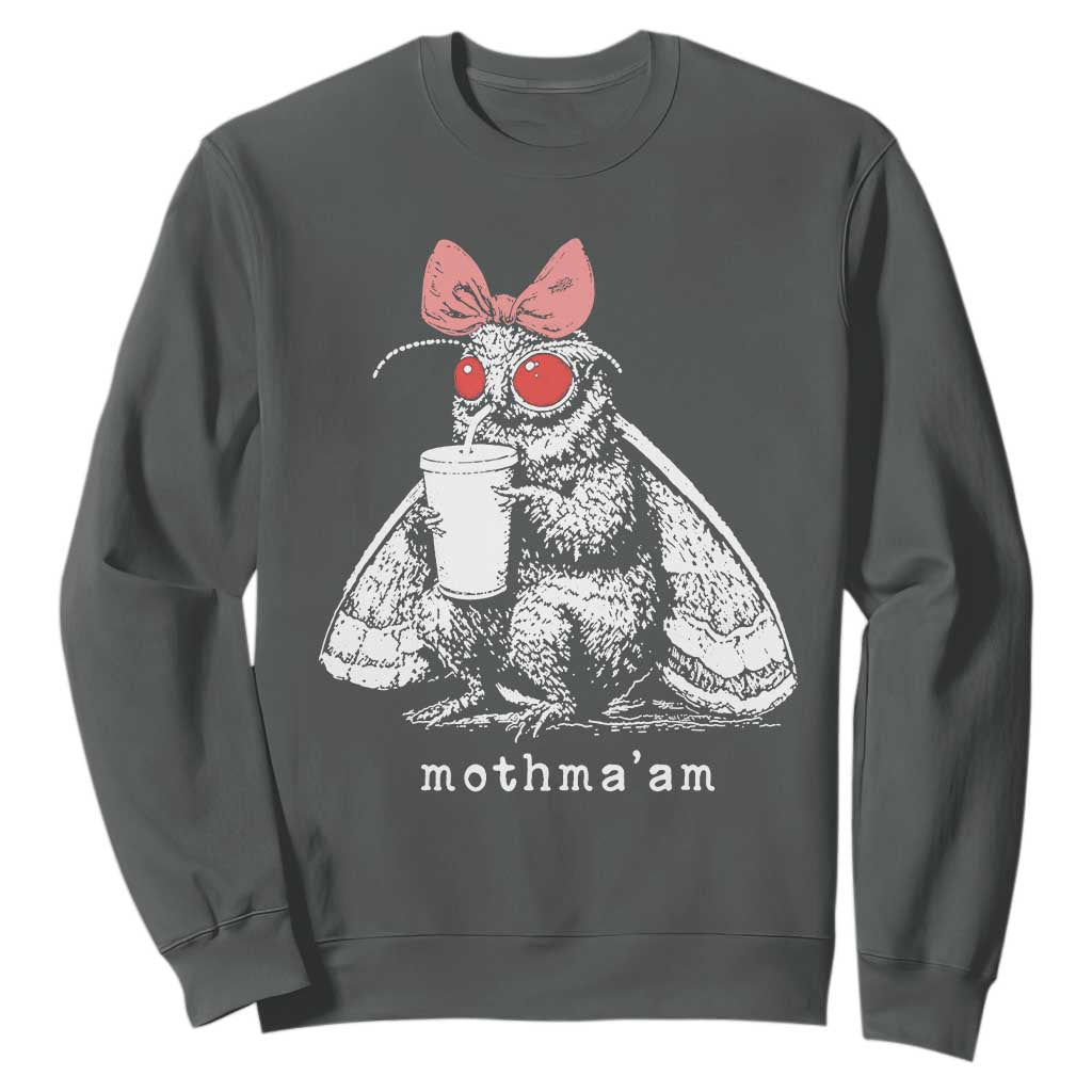 Mothma'am Pink Bow Cryptid Spooky Sweatshirt Funny Cute Coquette Mothman Legend Graphic TS02 Dark Heather Print Your Wear