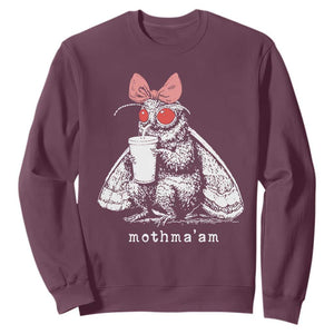 Mothma'am Pink Bow Cryptid Spooky Sweatshirt Funny Cute Coquette Mothman Legend Graphic TS02 Maroon Print Your Wear