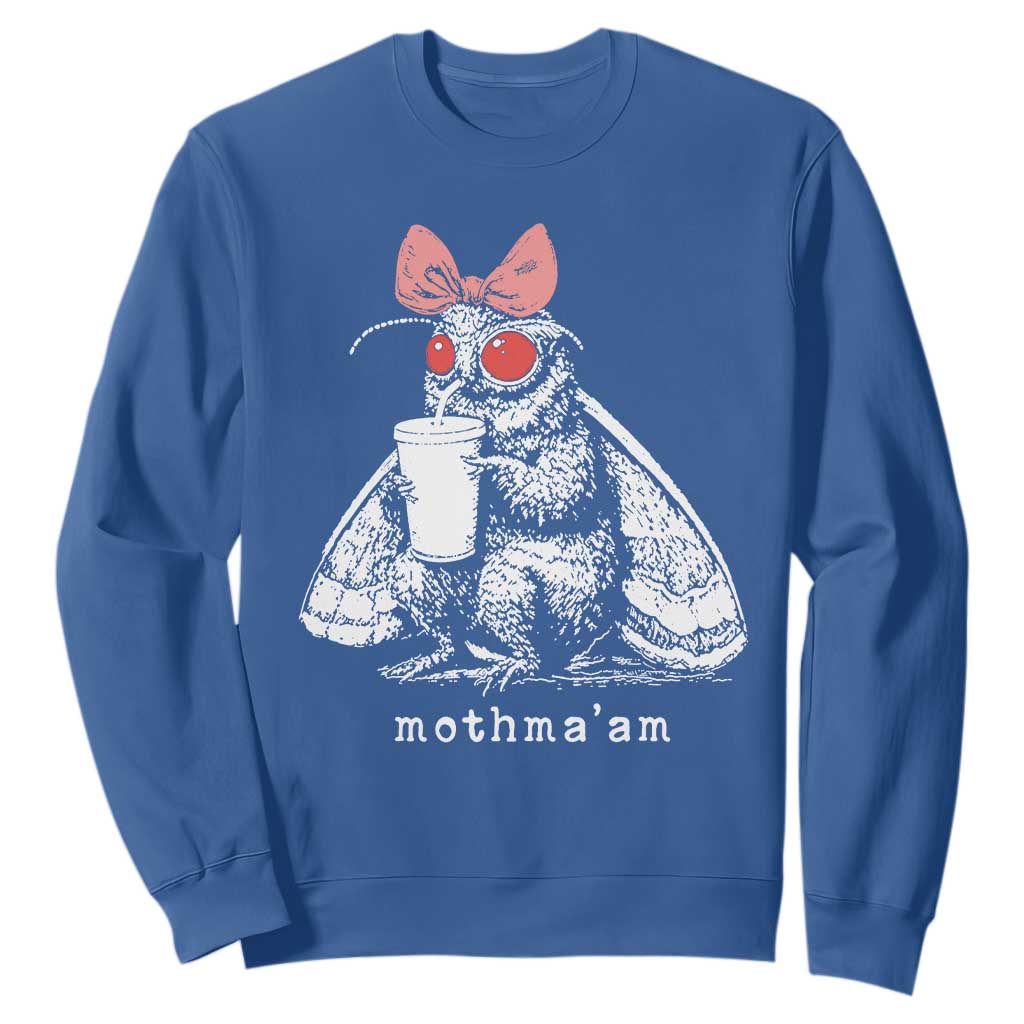 Mothma'am Pink Bow Cryptid Spooky Sweatshirt Funny Cute Coquette Mothman Legend Graphic TS02 Royal Blue Print Your Wear