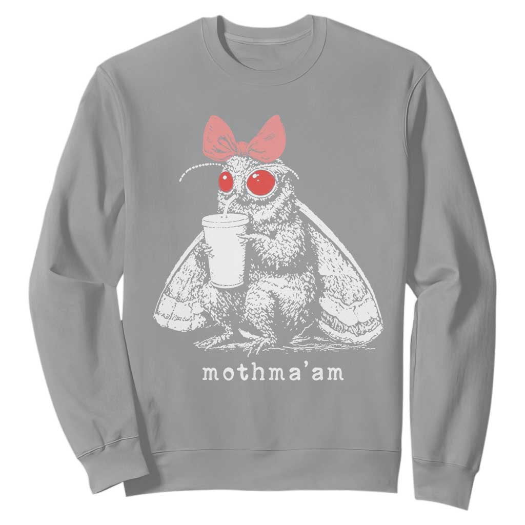 Mothma'am Pink Bow Cryptid Spooky Sweatshirt Funny Cute Coquette Mothman Legend Graphic TS02 Sport Gray Print Your Wear