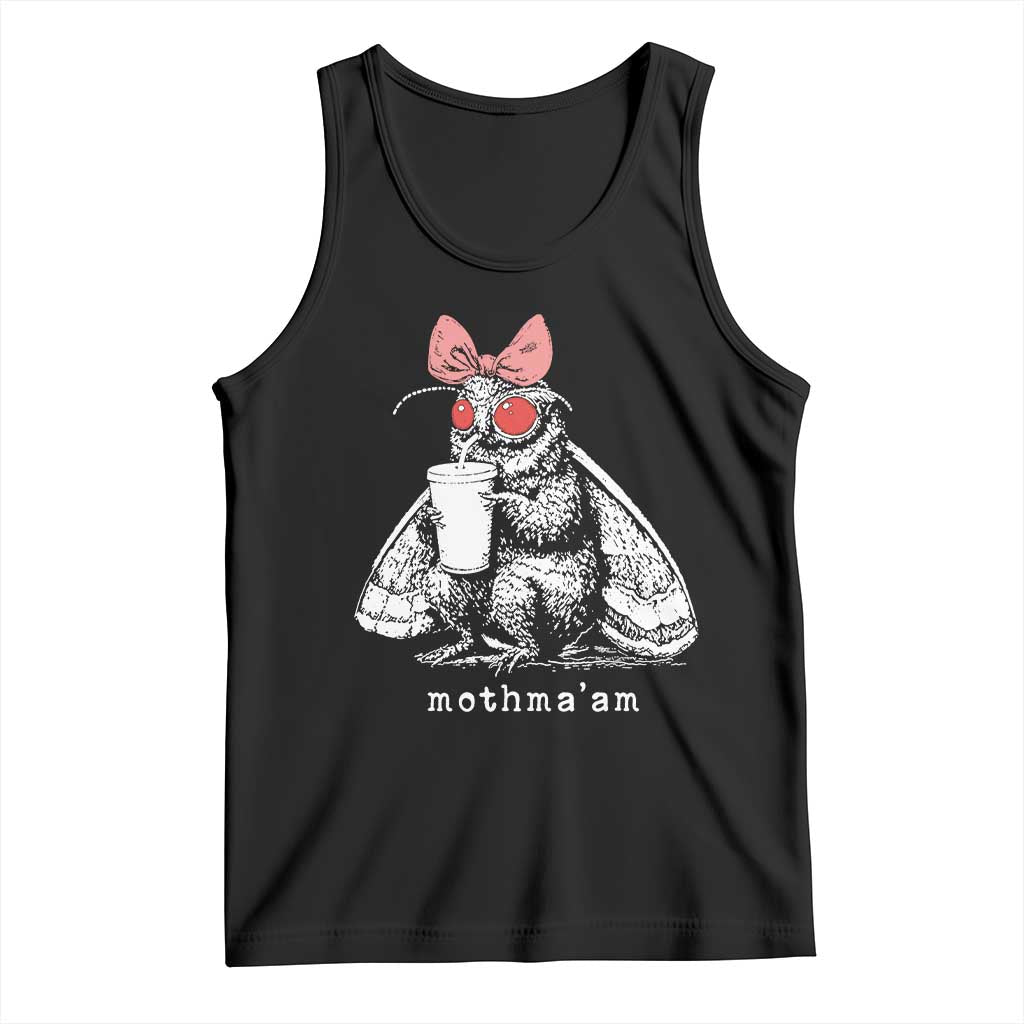 Mothma'am Pink Bow Cryptid Spooky Tank Top Funny Cute Coquette Mothman Legend Graphic TS02 Black Print Your Wear