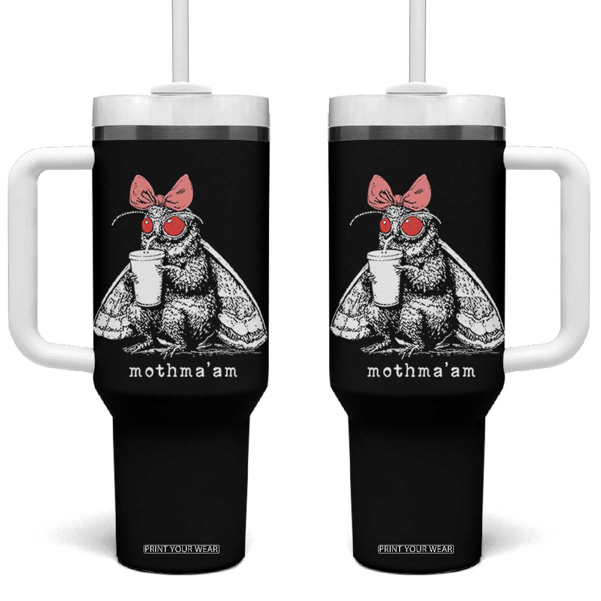 Mothma'am Pink Bow Cryptid Spooky Tumbler With Handle Funny Cute Coquette Mothman Legend Graphic TS02 One Size: 40 oz Black Print Your Wear
