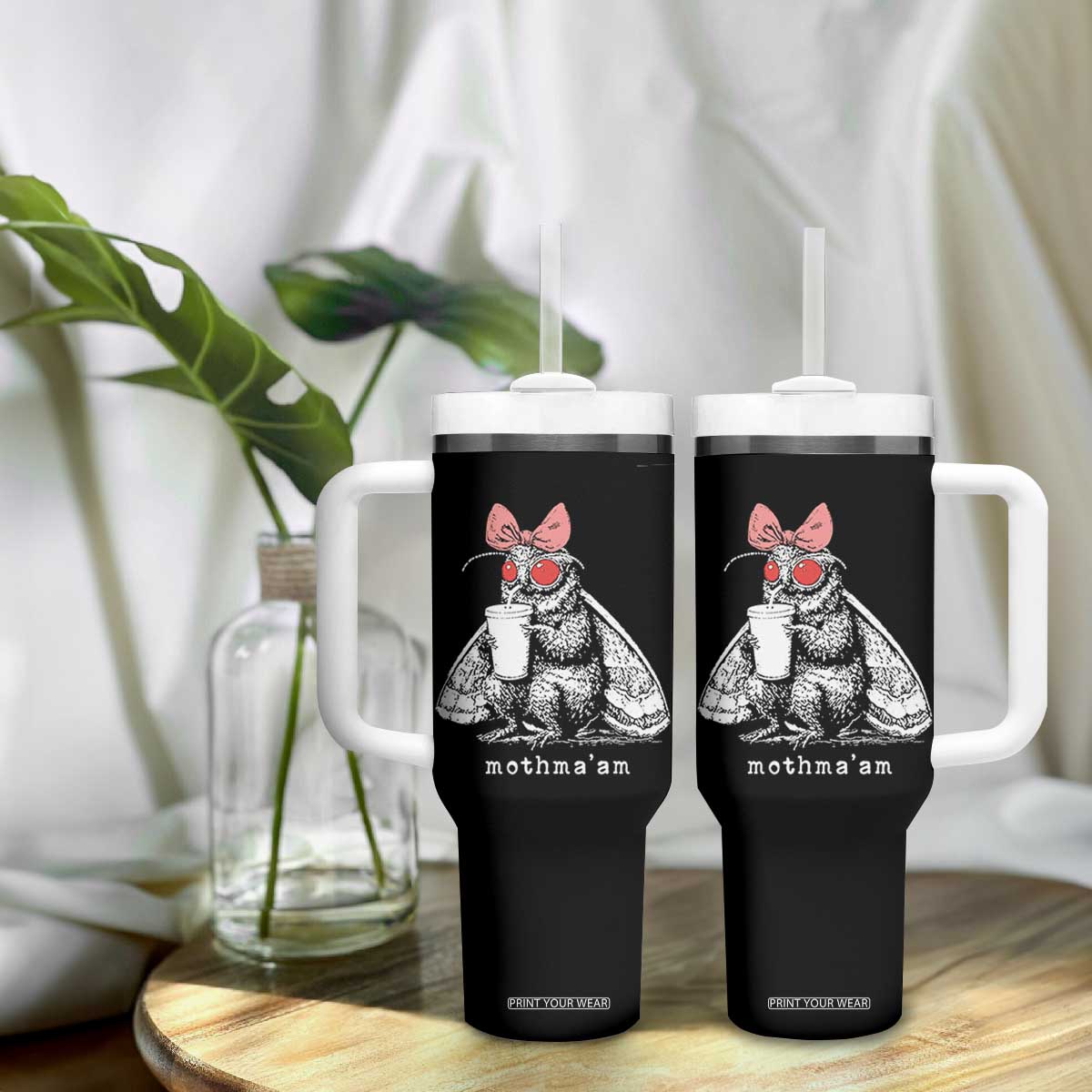 Mothma'am Pink Bow Cryptid Spooky Tumbler With Handle Funny Cute Coquette Mothman Legend Graphic TS02 Print Your Wear