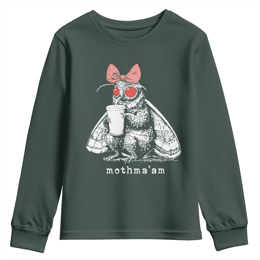Mothma'am Pink Bow Cryptid Spooky Youth Sweatshirt Funny Cute Coquette Mothman Legend Graphic TS02 Dark Forest Green Print Your Wear