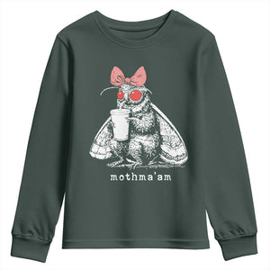 Mothma'am Pink Bow Cryptid Spooky Youth Sweatshirt Funny Cute Coquette Mothman Legend Graphic TS02 Dark Forest Green Print Your Wear