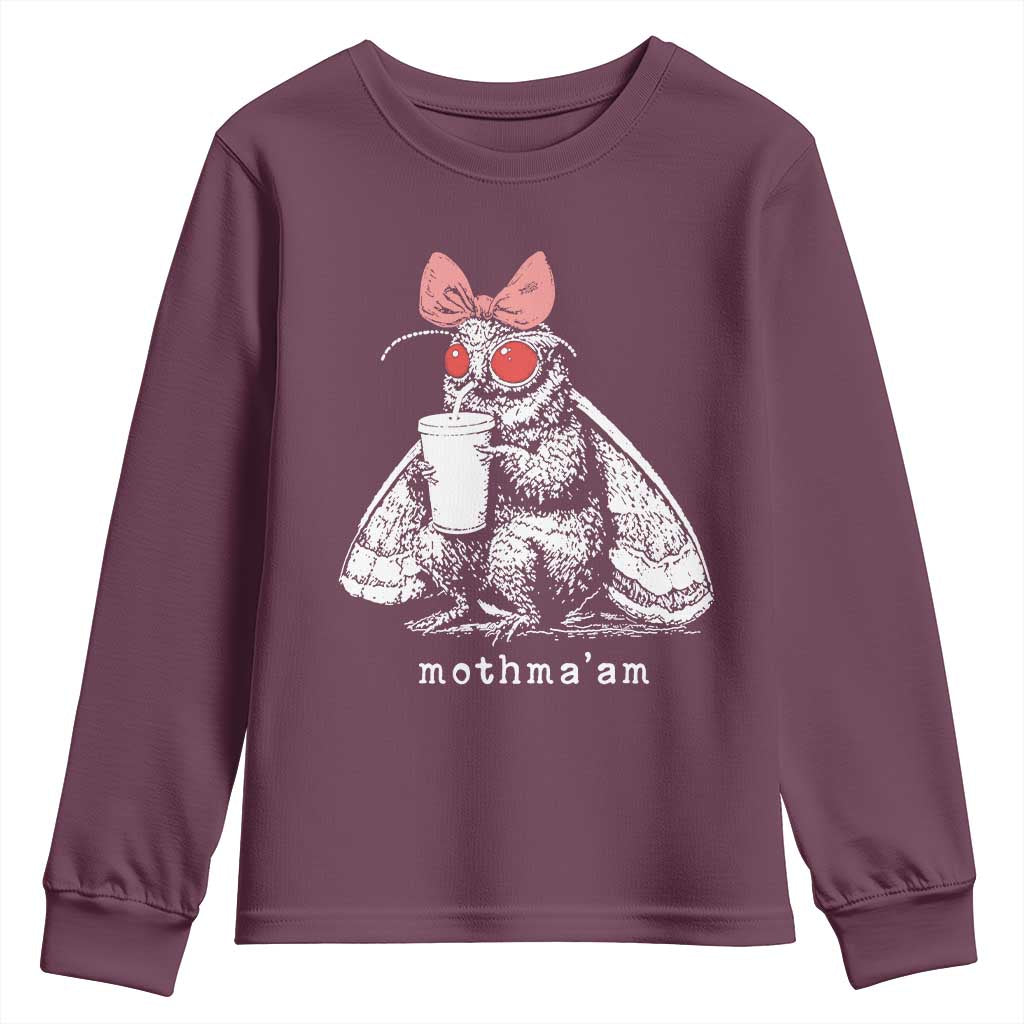 Mothma'am Pink Bow Cryptid Spooky Youth Sweatshirt Funny Cute Coquette Mothman Legend Graphic TS02 Maroon Print Your Wear