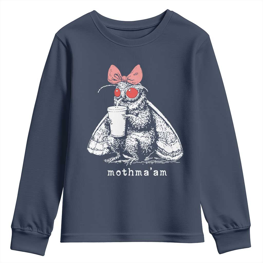 Mothma'am Pink Bow Cryptid Spooky Youth Sweatshirt Funny Cute Coquette Mothman Legend Graphic TS02 Navy Print Your Wear