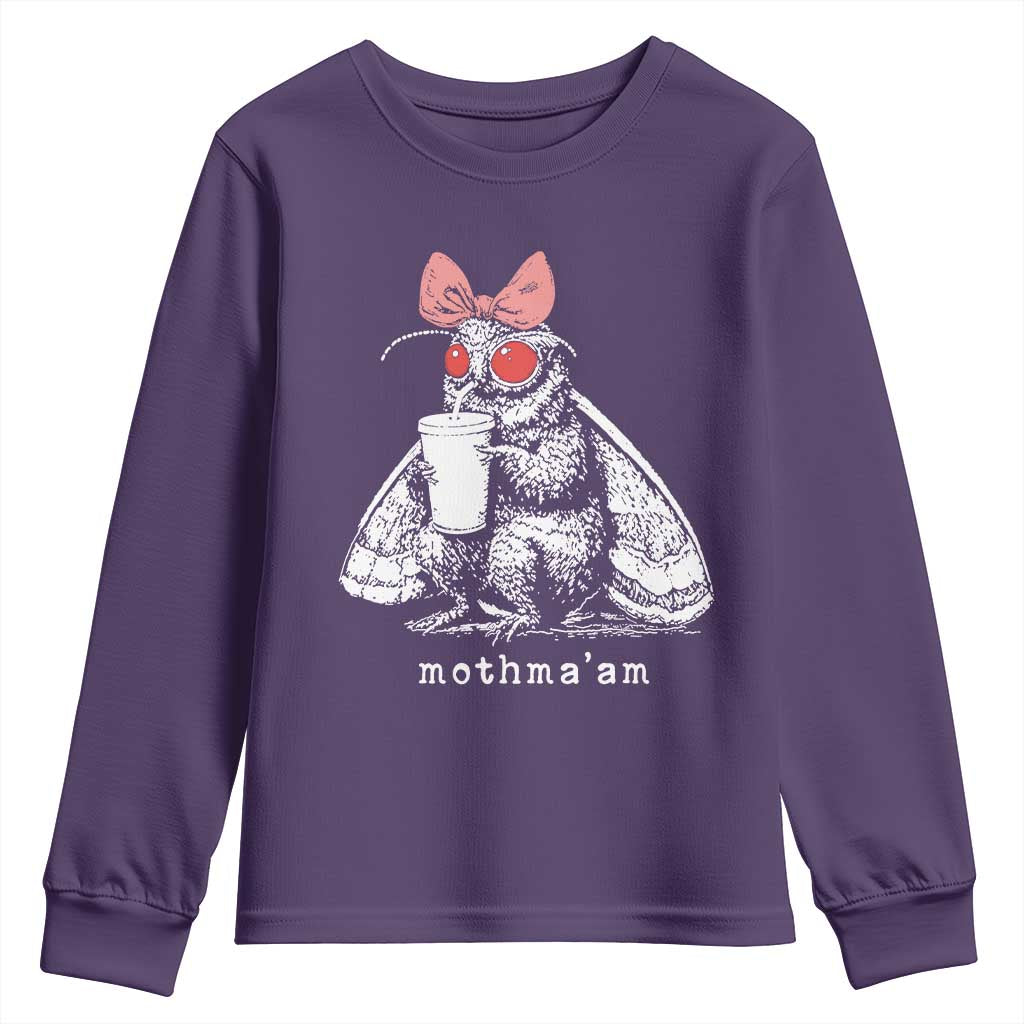 Mothma'am Pink Bow Cryptid Spooky Youth Sweatshirt Funny Cute Coquette Mothman Legend Graphic TS02 Purple Print Your Wear