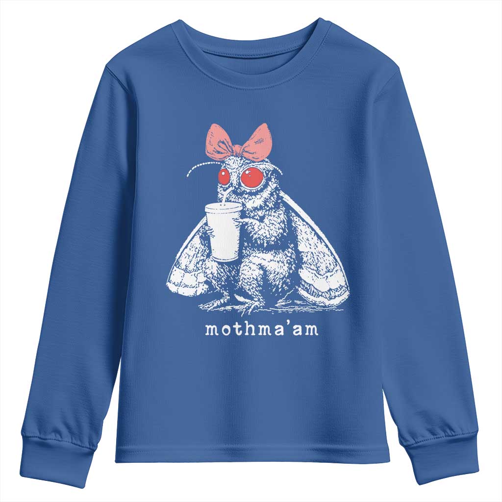 Mothma'am Pink Bow Cryptid Spooky Youth Sweatshirt Funny Cute Coquette Mothman Legend Graphic TS02 Royal Blue Print Your Wear