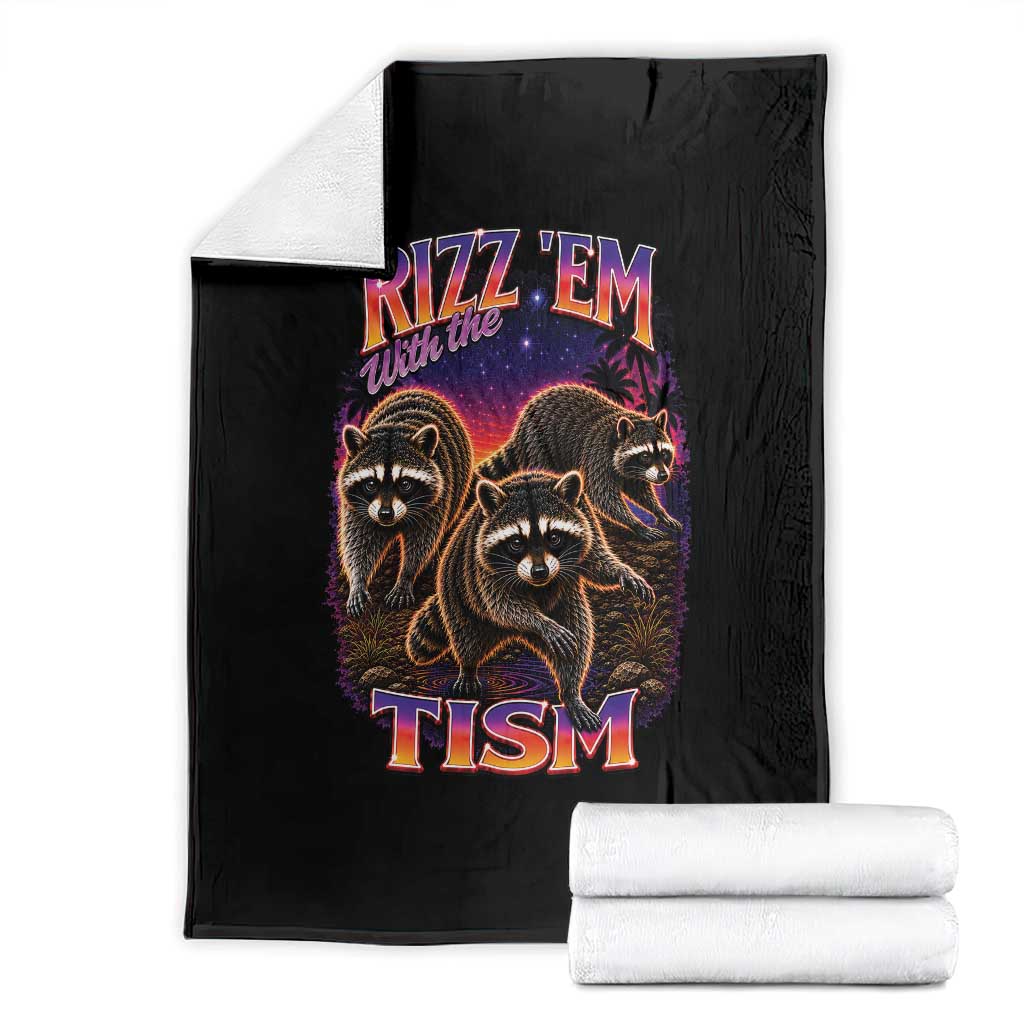 Rizz Em With The Tism Funny Raccoon Graphic Throw Blanket Retro 80s Cyberpunk Autism Neurodiversity Humor