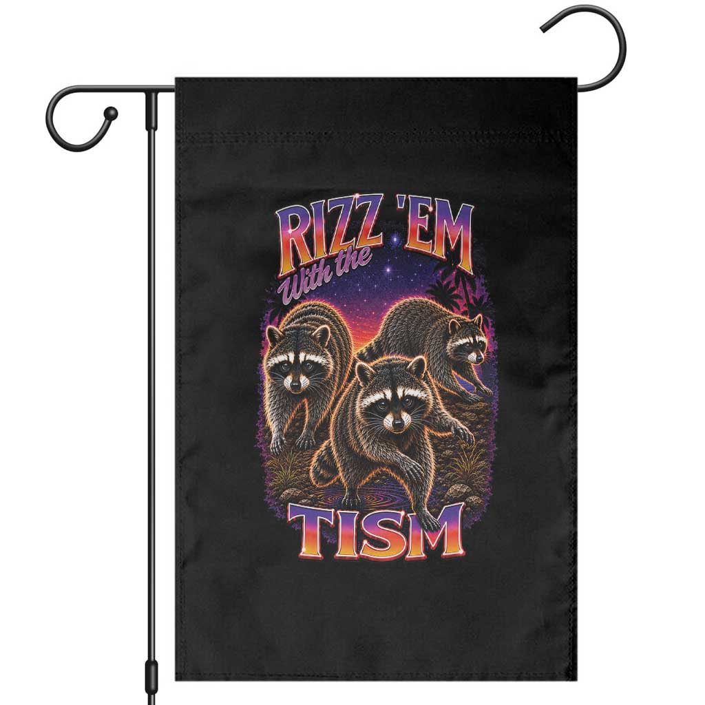 Rizz Em With The Tism Funny Raccoon Graphic Garden Flag Retro 80s Cyberpunk Autism Neurodiversity Humor