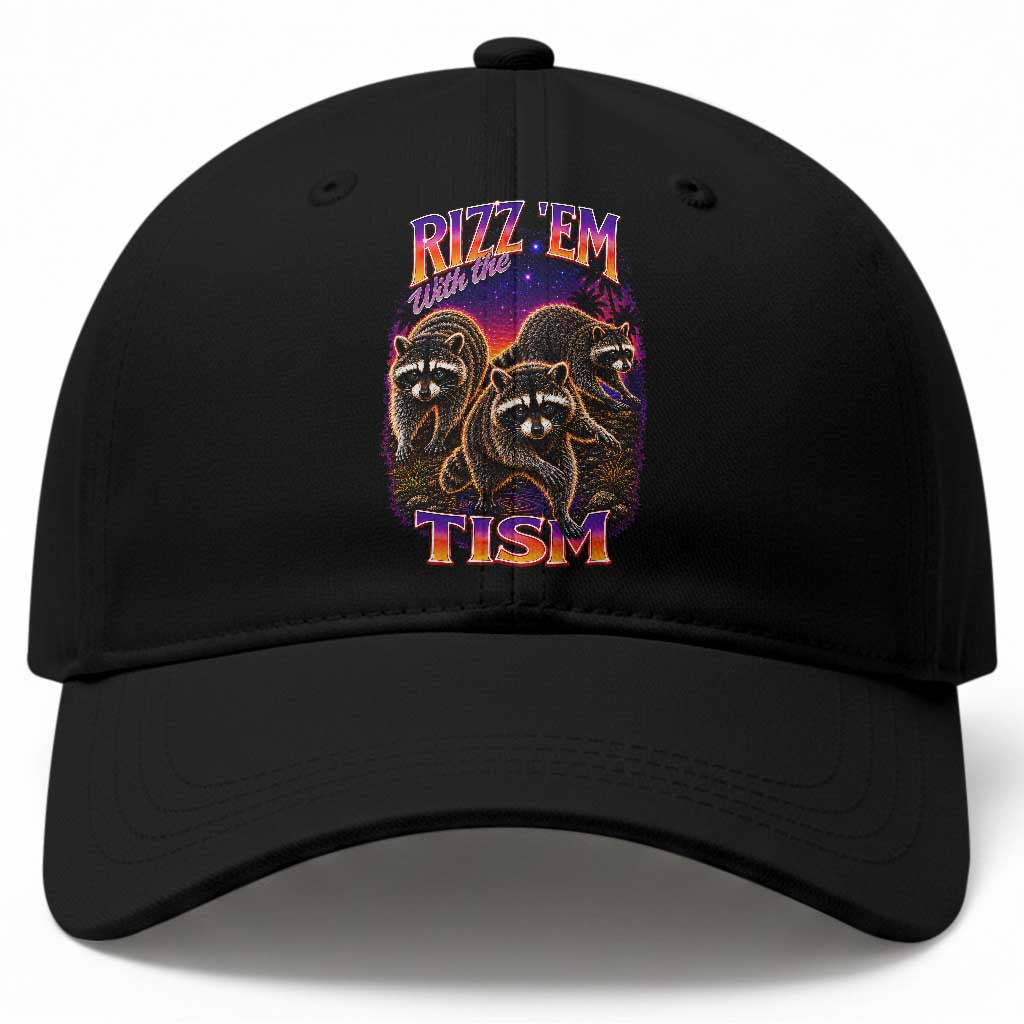 Rizz Em With The Tism Funny Raccoon Graphic Baseball Cap Retro 80s Cyberpunk Autism Neurodiversity Humor