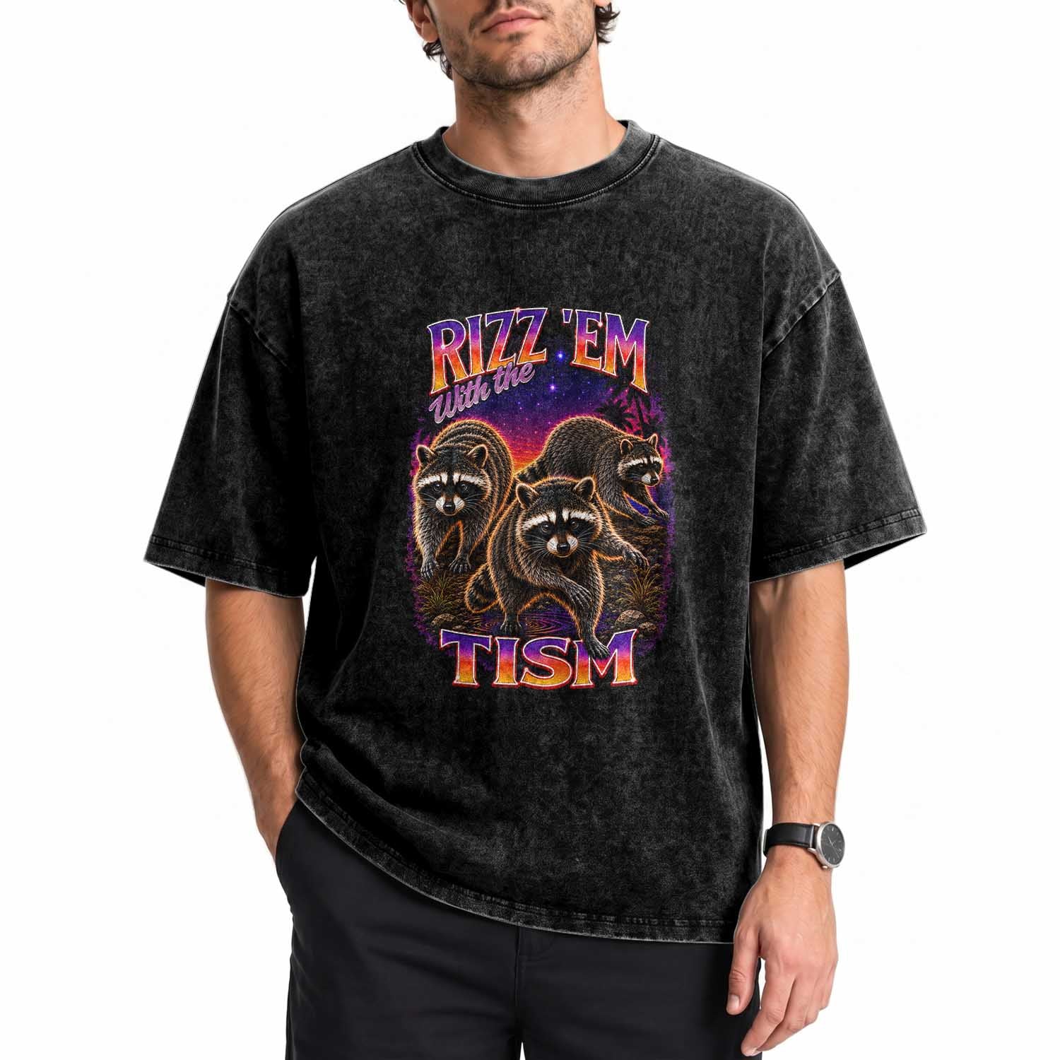 Rizz Em With The Tism Funny Raccoon Graphic Washed Cotton T-Shirt Retro 80s Cyberpunk Autism Neurodiversity Humor