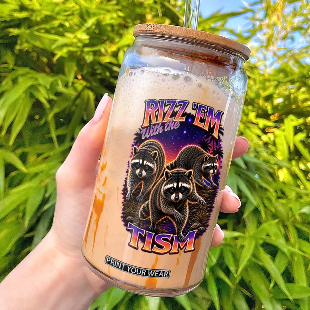 Rizz Em With The Tism Funny Raccoon Graphic Glass Can Retro 80s Cyberpunk Autism Neurodiversity Humor