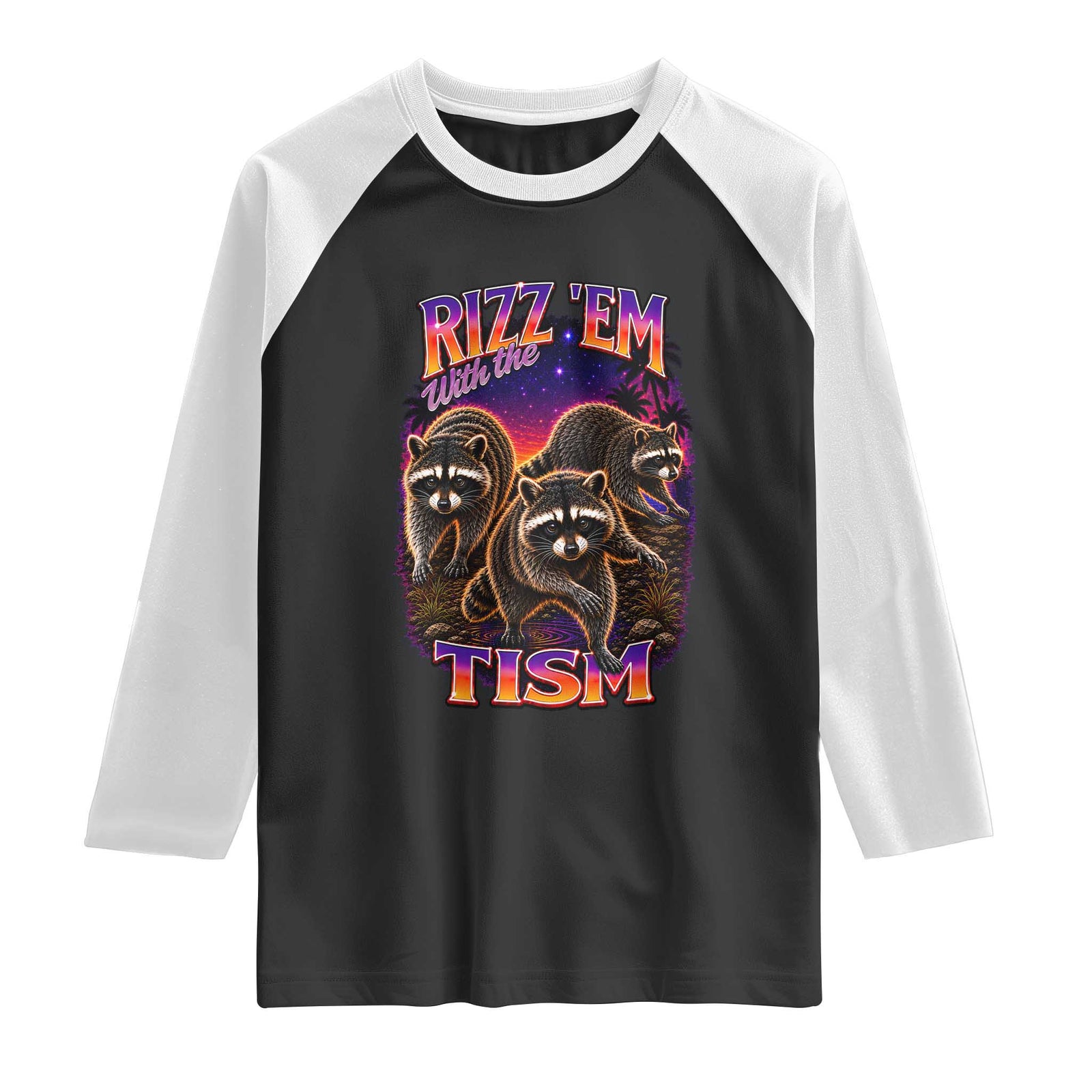 Rizz Em With The Tism Funny Raccoon Graphic Raglan Shirt Retro 80s Cyberpunk Autism Neurodiversity Humor