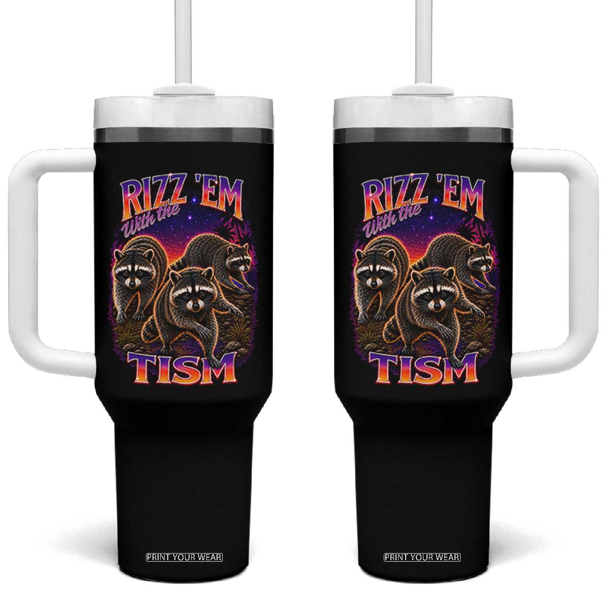Rizz Em With The Tism Funny Raccoon Graphic Tumbler With Handle Retro 80s Cyberpunk Autism Neurodiversity Humor