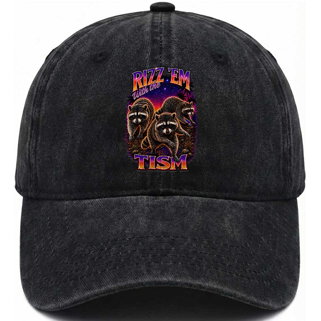 Rizz Em With The Tism Funny Raccoon Graphic Washed Cotton Baseball Cap Retro 80s Cyberpunk Autism Neurodiversity Humor