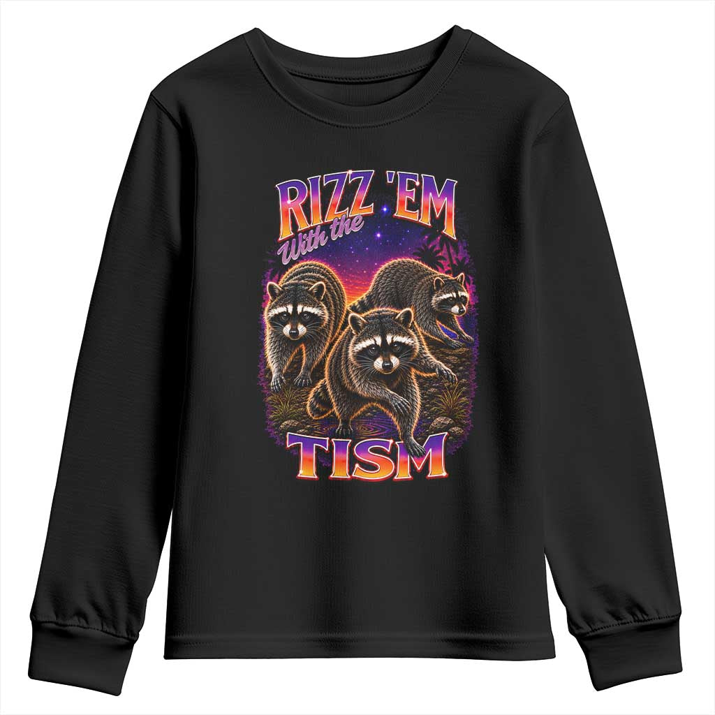 Rizz Em With The Tism Funny Raccoon Graphic Youth Sweatshirt Retro 80s Cyberpunk Autism Neurodiversity Humor