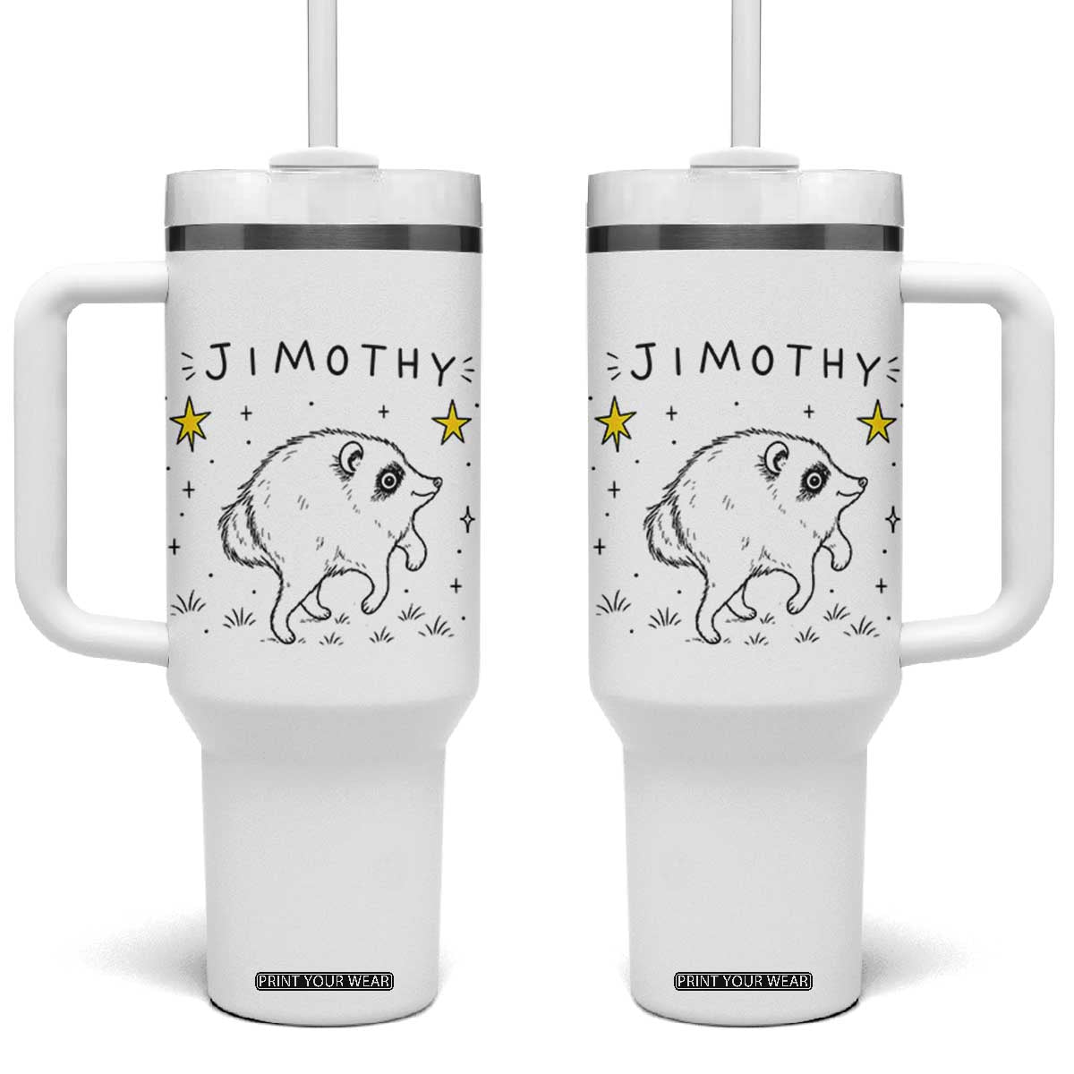 Cute Doodle Starry Jimothy the Raccoon Graphic Tumbler With Handle Viral Seattle Trash Panda TS02 One Size: 40 oz White Print Your Wear