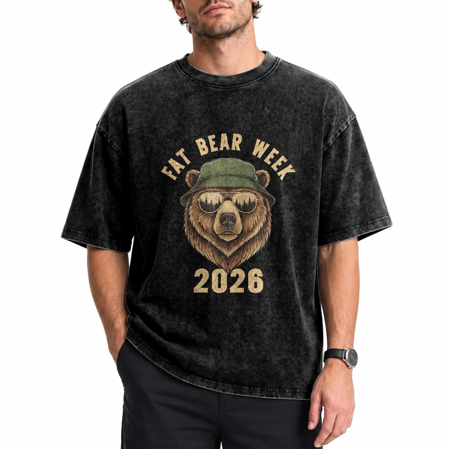 Vintage Fat Bear 2026 Outdoor Wildlife Graphic Washed Cotton T-Shirt Cool Bear Sunglasses Nature Camping Lover