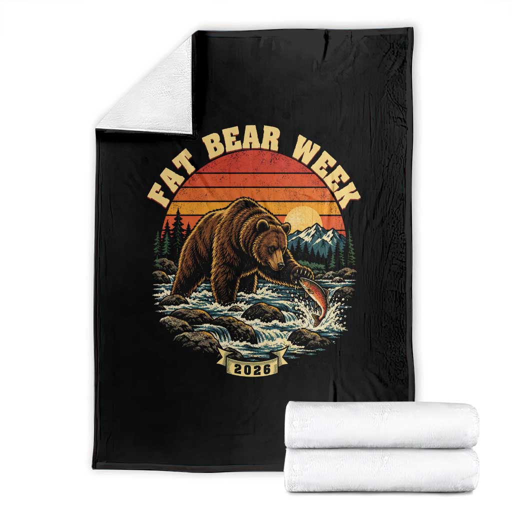 Fat Bear Week 2026 Retro Sunset Grizzly Graphic Throw Blanket River Salmon Fishing Outdoor Nature Lover