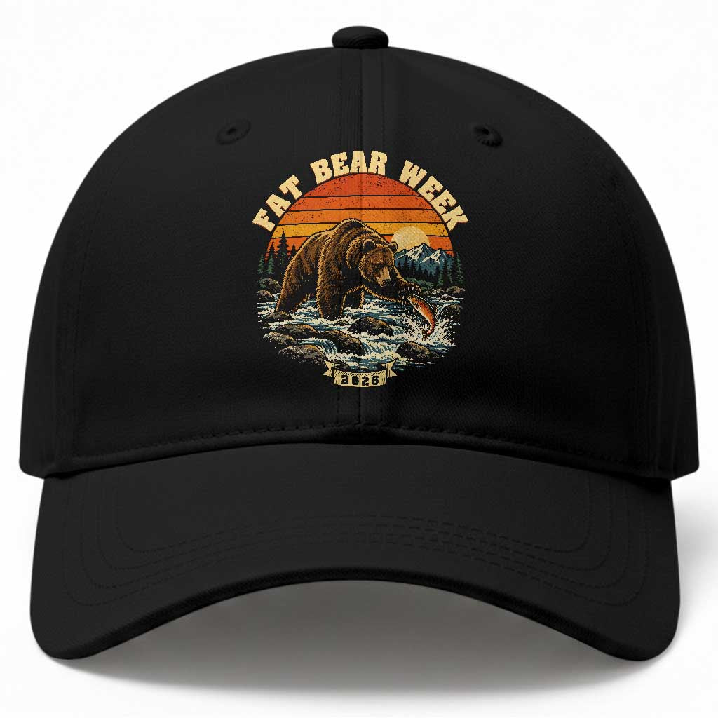 Fat Bear Week 2026 Retro Sunset Grizzly Graphic Baseball Cap River Salmon Fishing Outdoor Nature Lover