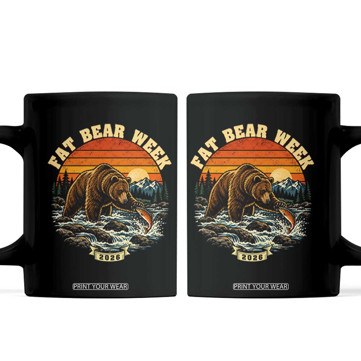 Fat Bear Week 2026 Retro Sunset Grizzly Graphic Coffee Mug River Salmon Fishing Outdoor Nature Lover