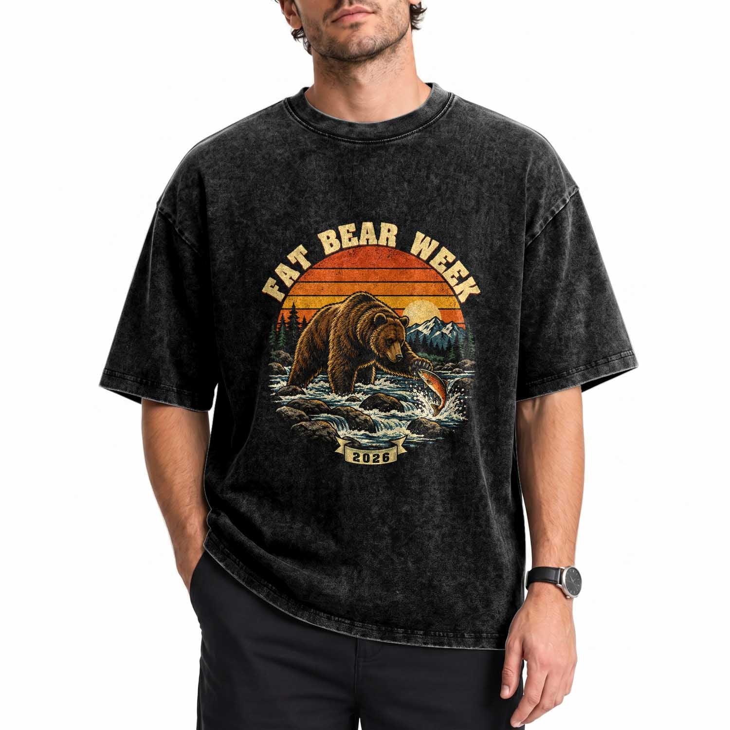 Fat Bear Week 2026 Retro Sunset Grizzly Graphic Washed Cotton T-Shirt River Salmon Fishing Outdoor Nature Lover