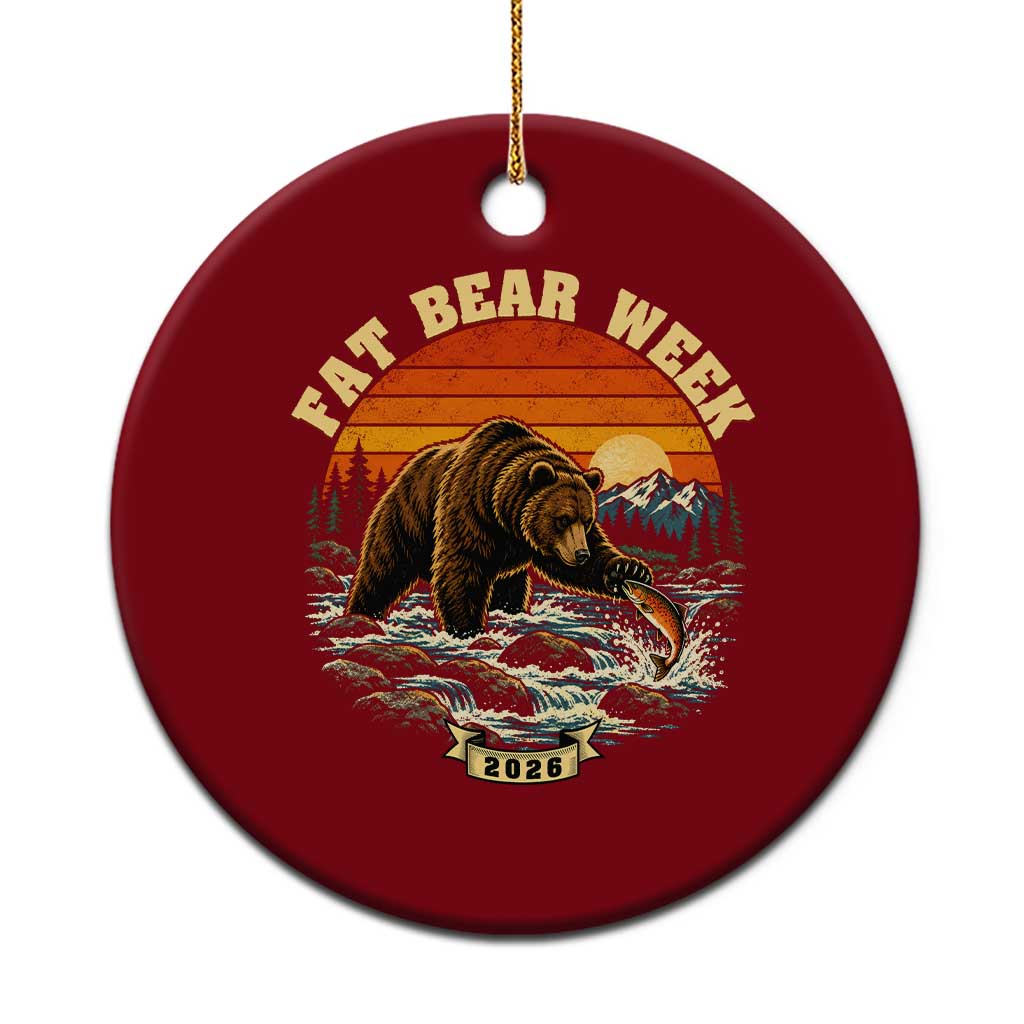 Fat Bear Week 2026 Retro Sunset Grizzly Graphic Ceramic Ornament River Salmon Fishing Outdoor Nature Lover