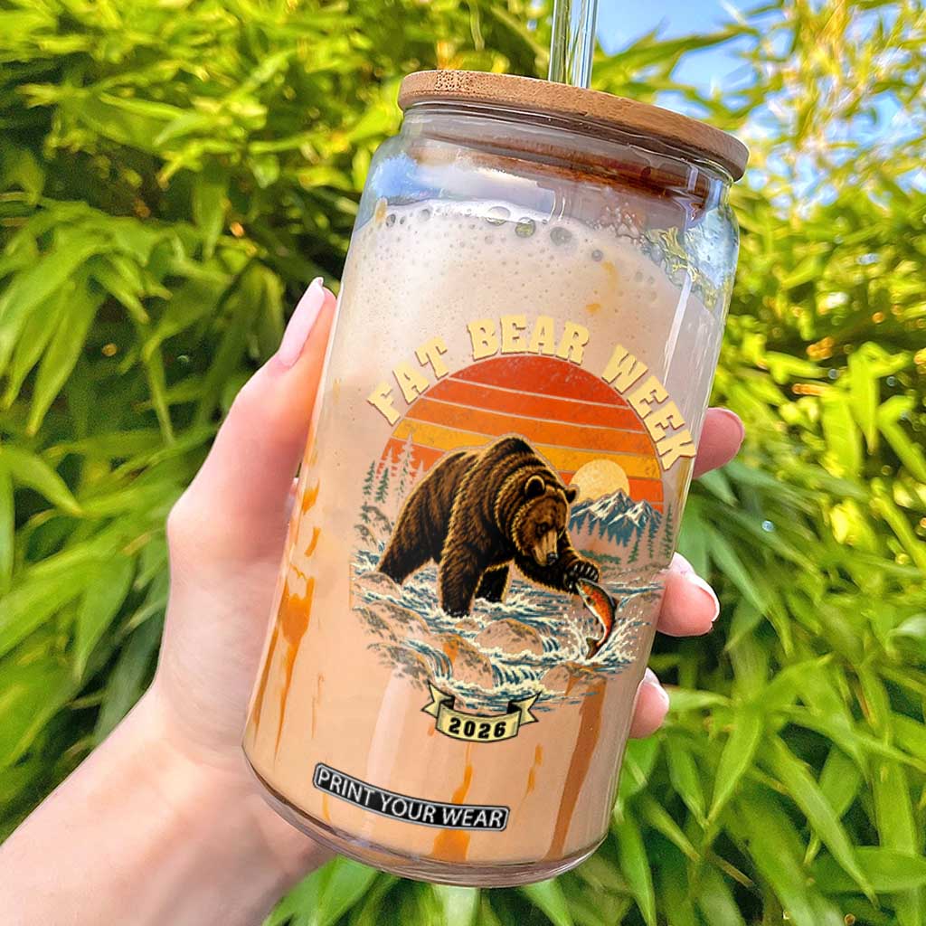Fat Bear Week 2026 Retro Sunset Grizzly Graphic Glass Can River Salmon Fishing Outdoor Nature Lover