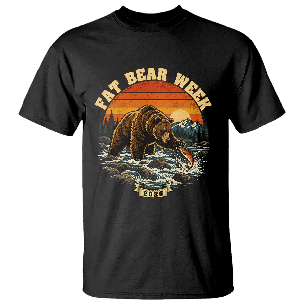Fat Bear Week 2026 Retro Sunset Grizzly Graphic T Shirt River Salmon Fishing Outdoor Nature Lover
