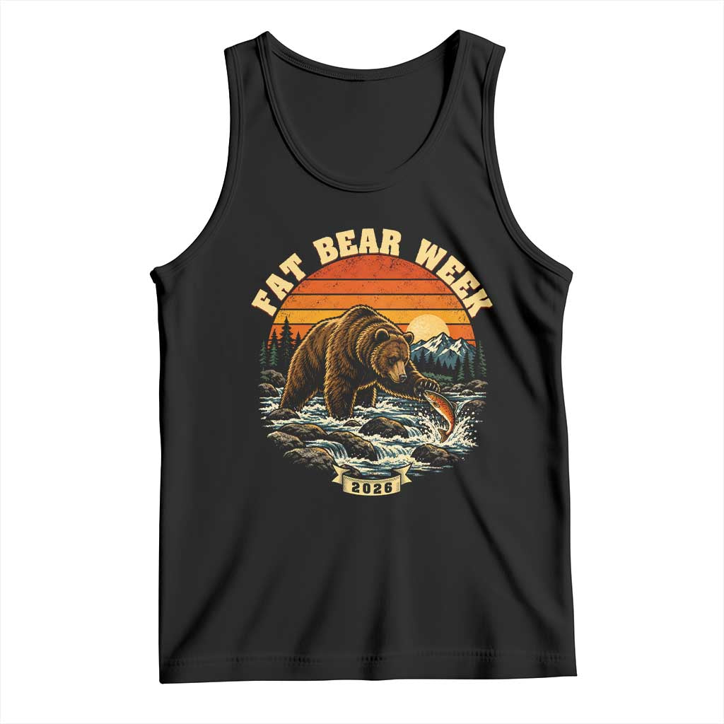 Fat Bear Week 2026 Retro Sunset Grizzly Graphic Tank Top River Salmon Fishing Outdoor Nature Lover