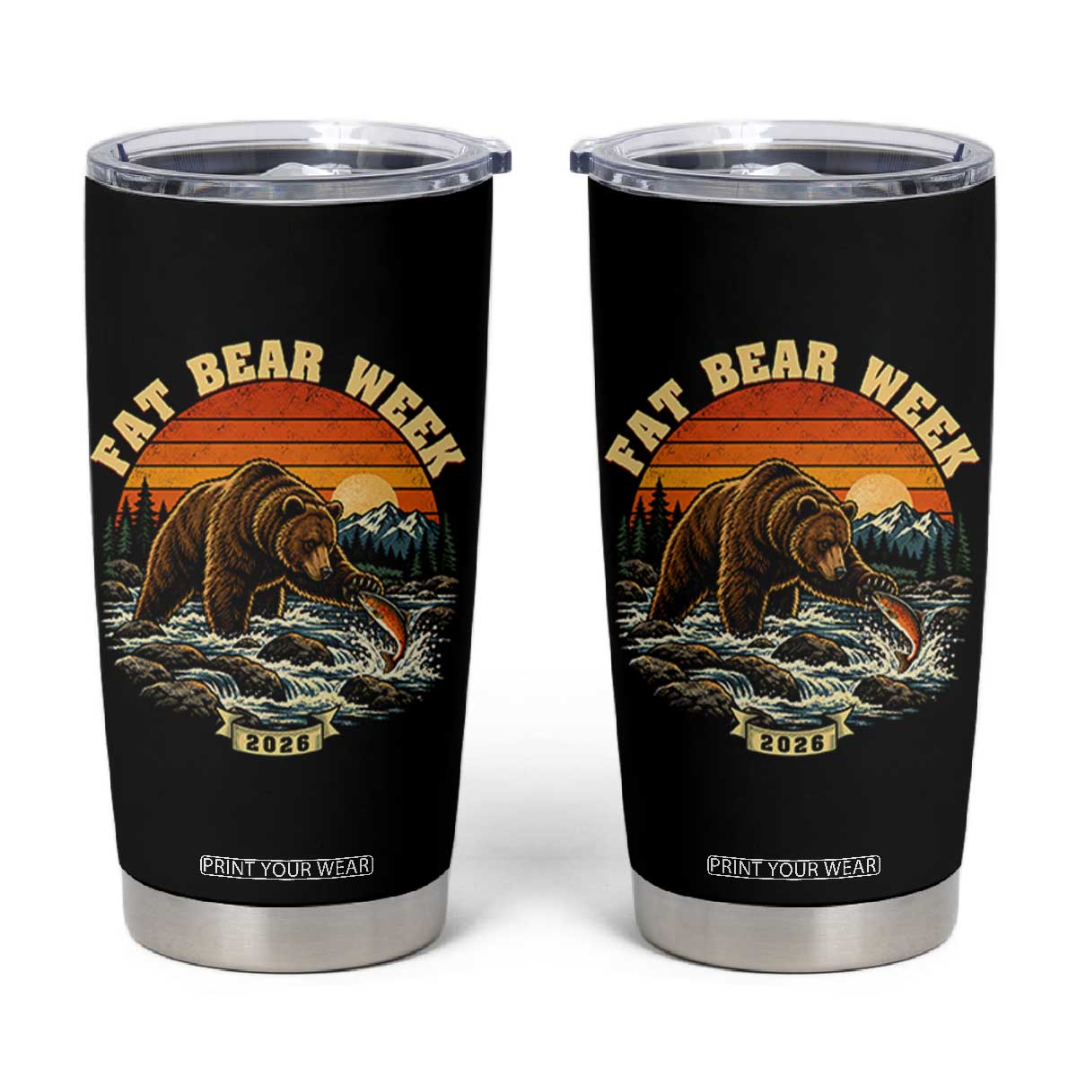 Fat Bear Week 2026 Retro Sunset Grizzly Graphic Tumbler Cup River Salmon Fishing Outdoor Nature Lover