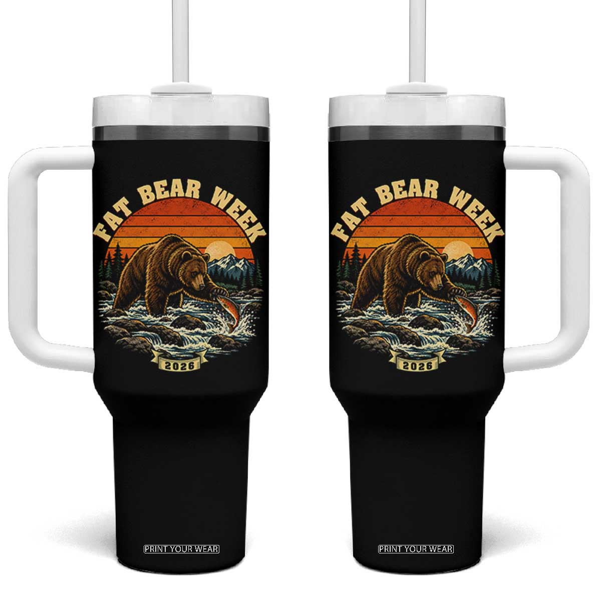 Fat Bear Week 2026 Retro Sunset Grizzly Graphic Tumbler With Handle River Salmon Fishing Outdoor Nature Lover