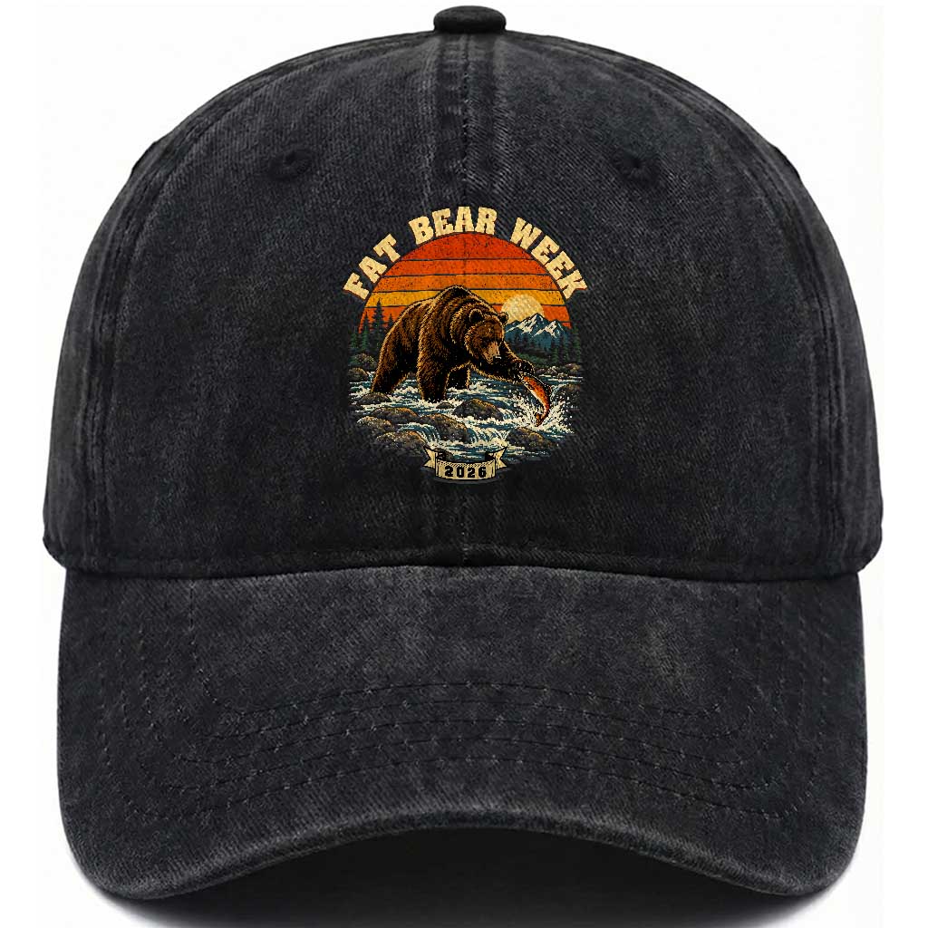 Fat Bear Week 2026 Retro Sunset Grizzly Graphic Washed Cotton Baseball Cap River Salmon Fishing Outdoor Nature Lover
