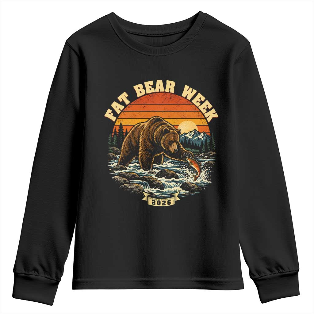 Fat Bear Week 2026 Retro Sunset Grizzly Graphic Youth Sweatshirt River Salmon Fishing Outdoor Nature Lover