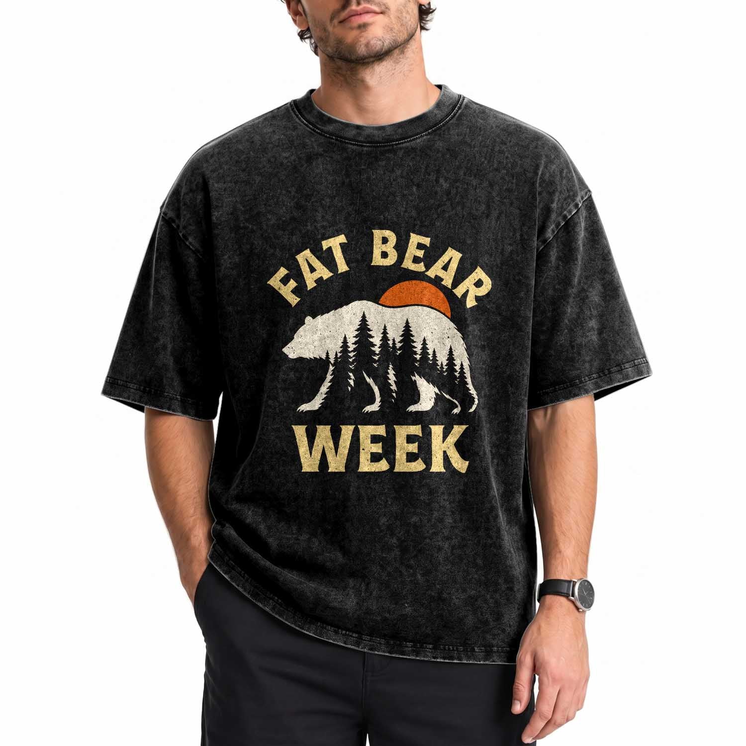 Fat Bear Week Vintage Sunset Forest Graphic Washed Cotton T-Shirt Alaska Wildlife Nature Outdoor Adventure Lover