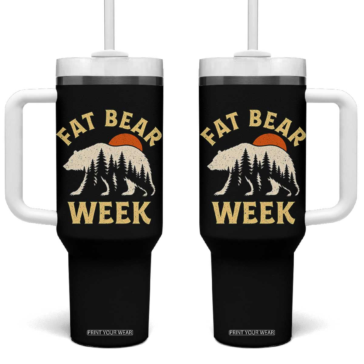 Fat Bear Week Vintage Sunset Forest Graphic Tumbler With Handle Alaska Wildlife Nature Outdoor Adventure Lover