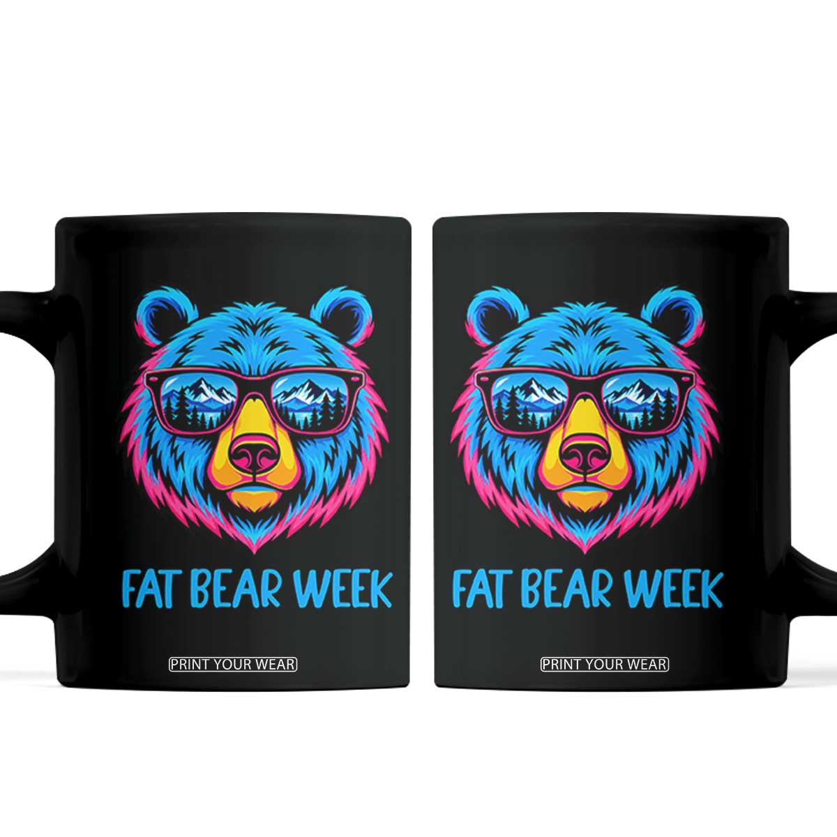 Fat Bear Week Vibrant Neon Cool Bear Sunglasses Graphic Coffee Mug Retro Mountain Reflection Outdoor Wildlife Nature Lover