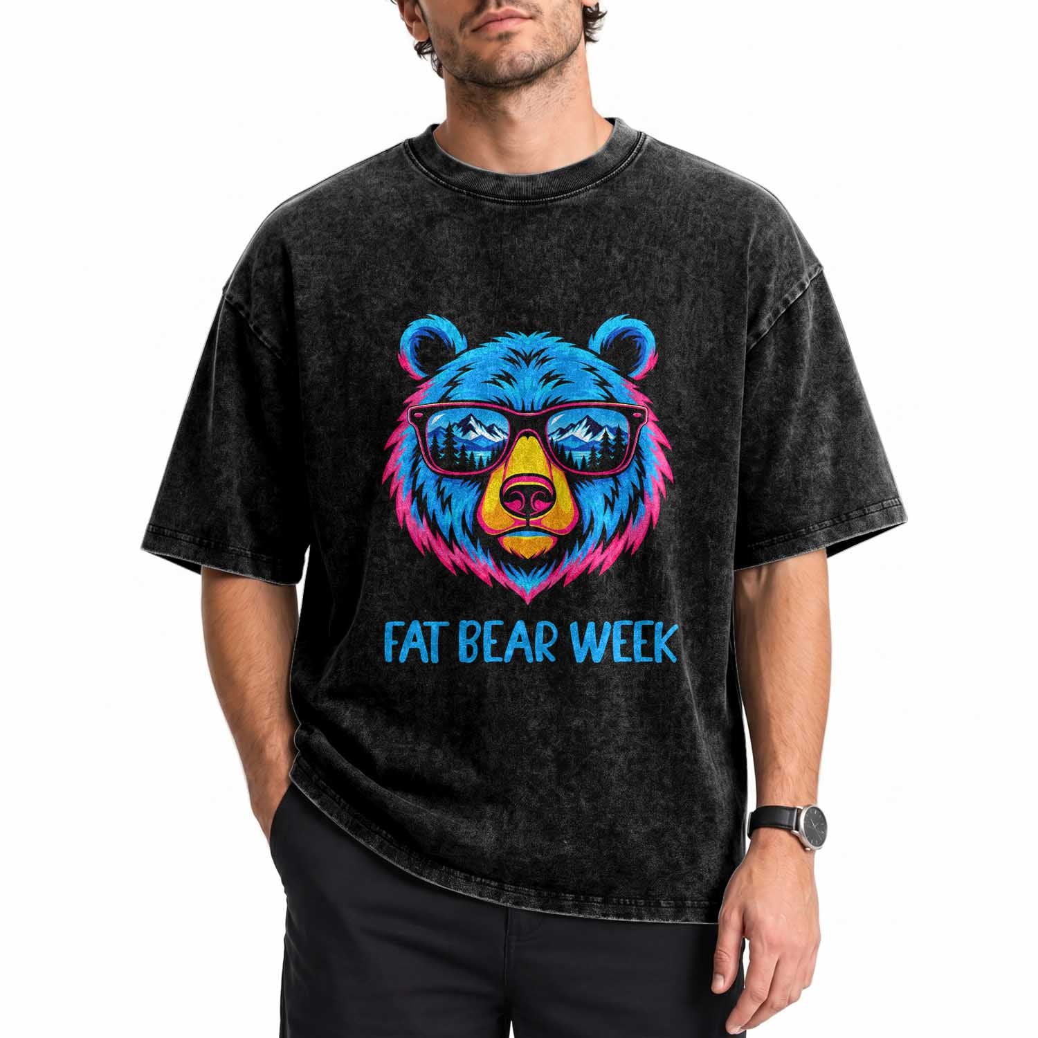 Fat Bear Week Vibrant Neon Cool Bear Sunglasses Graphic Washed Cotton T-Shirt Retro Mountain Reflection Outdoor Wildlife Nature Lover