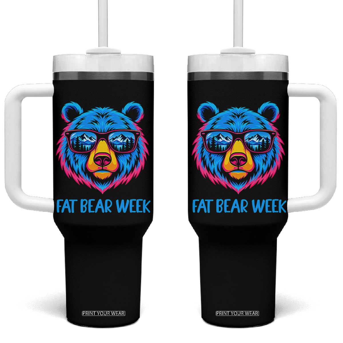 Fat Bear Week Vibrant Neon Cool Bear Sunglasses Graphic Tumbler With Handle Retro Mountain Reflection Outdoor Wildlife Nature Lover