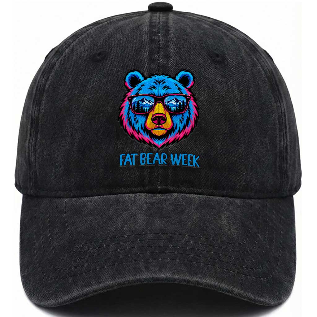 Fat Bear Week Vibrant Neon Cool Bear Sunglasses Graphic Washed Cotton Baseball Cap Retro Mountain Reflection Outdoor Wildlife Nature Lover