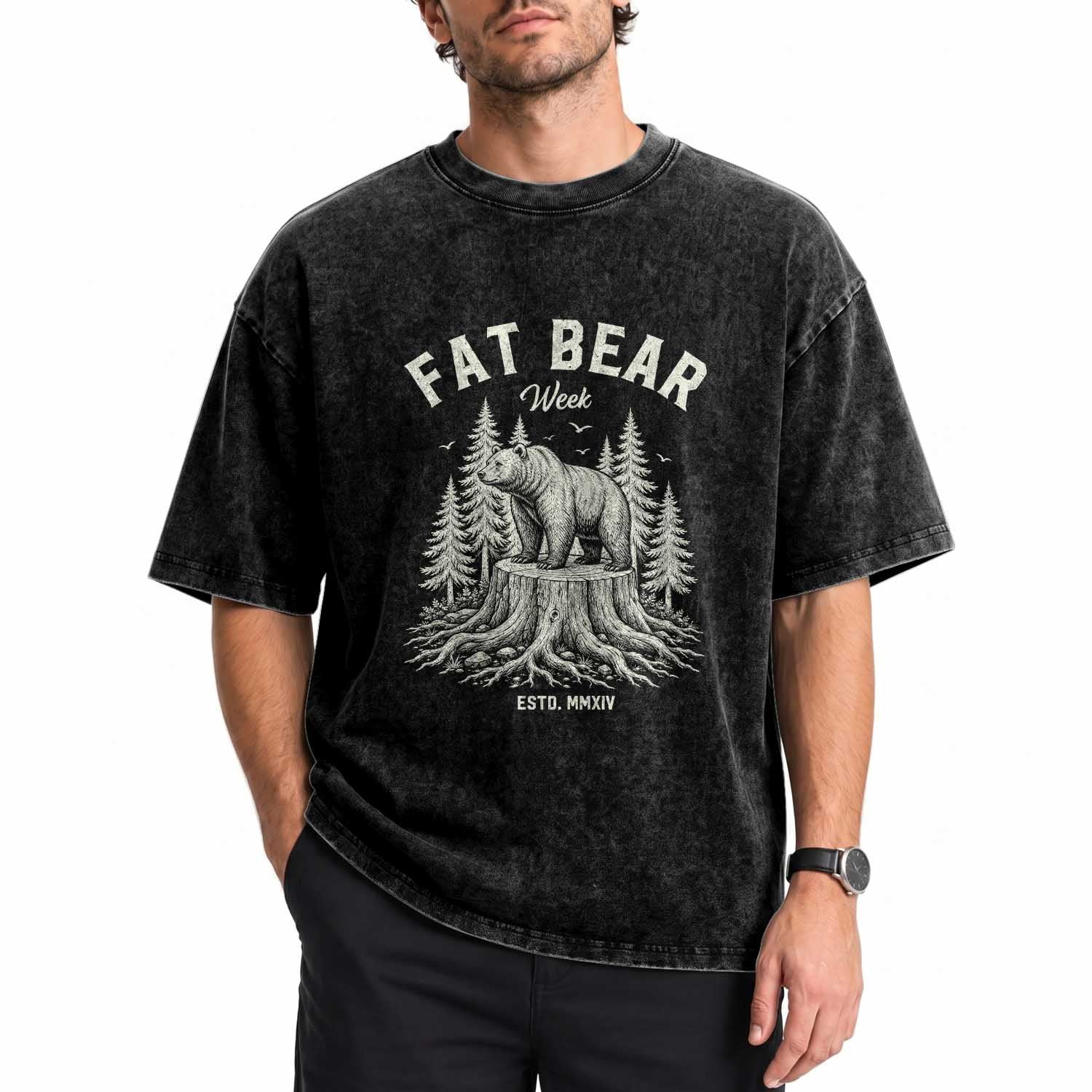 Fat Bear Week Vintage Forest Grizzly Tree Stump Graphic Washed Cotton T-Shirt Engraving Style Wildlife Outdoor Nature Lover