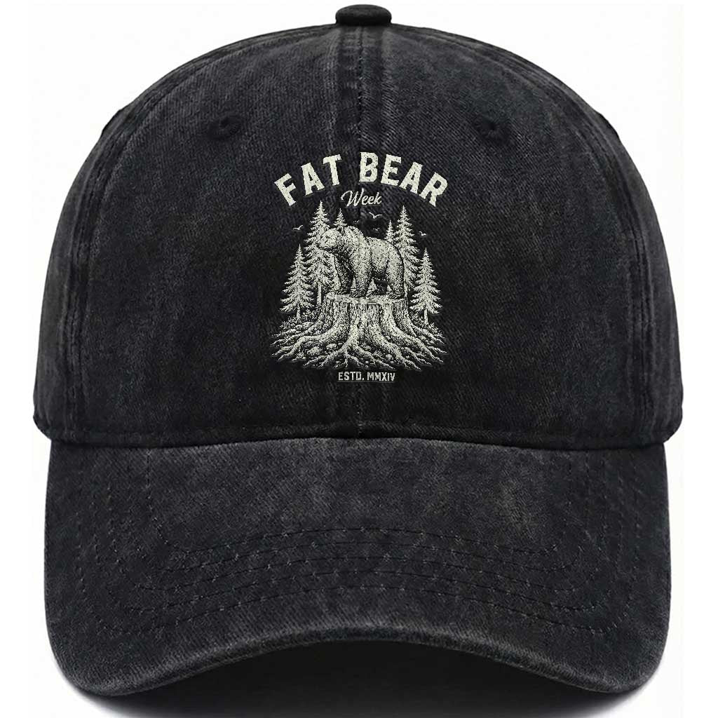 Fat Bear Week Vintage Forest Grizzly Tree Stump Graphic Washed Cotton Baseball Cap Engraving Style Wildlife Outdoor Nature Lover
