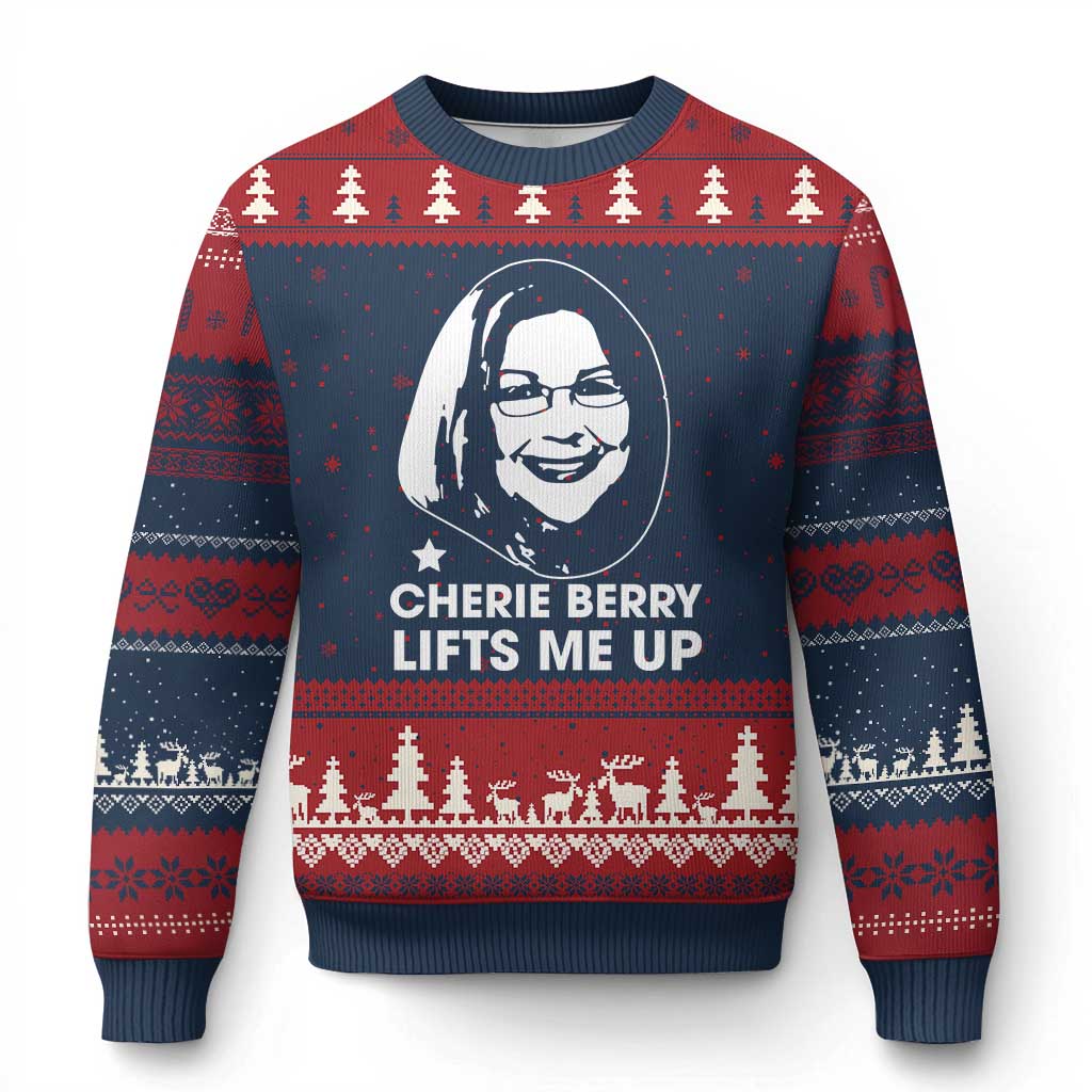 Cherie Berry Lifts Me Up Ugly Christmas Sweater Elevator Tribute Funny NC Meme TS02 Navy Red Print Your Wear
