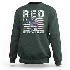 Red Friday Sweatshirt R.E.D Remember Everyone Deployed American Flag Messy Bun TS02 Dark Forest Green Print Your Wear